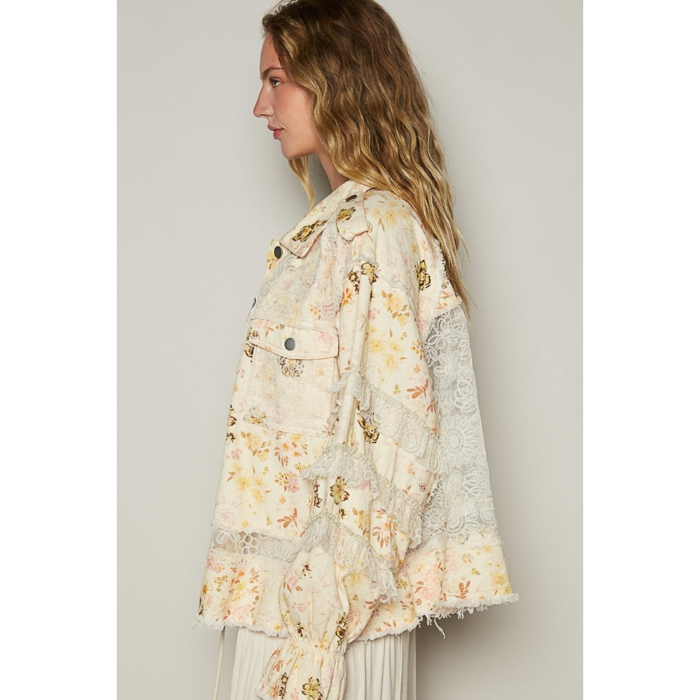 POL Cream Floral Twill and Lace Patchwork Jacket | Button Front - Picture 7 of 9